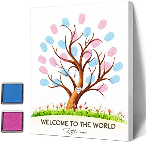 Baby Gender Reveal Fingerabdruck-Baum, Gender Reveal Party, Babyparty-Gästebuch, Party-Ideen, Ratet das Geschlecht, Babyparty-Gästebuch mit Stempelkissen