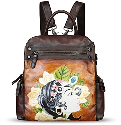 FEIGITOR Echtleder-Rucksack für Damen, handbemalt, Rucksack, handgefertigt, lässig, wandelbar, Tagesrucksack, Pattern2, Medium, Vintage