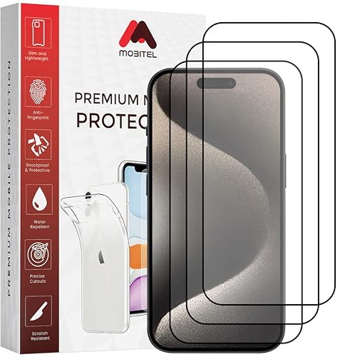 Mobitel 3-Pack Tempered Full Coverage Glass Screen Protector 9H Hardness Anti-Bubble Anti-Scratch Case Friendly Easy Installation HD Clear (iPhone 16 Pro)