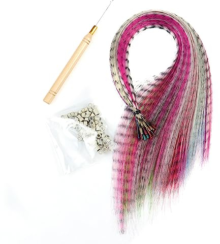 Reccisokz Bunte Feder Haarverlängerungs Set, Kunst haare Extensions Haarsträhnen Kinder, Feder Haarschmuck Haarteil Zange Häkchen mit Perlen Ponytail Braids Extension Haarverlängerungs Clip (30 Stück)