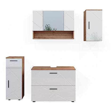 Vicco Badmöbel-Set Irma, Weiß Hochglanz/Goldkraft Eiche, 80 cm, besteht aus Waschbeckenunterschrank, Spiegelschrank, Midischrank und Hängeschrank
