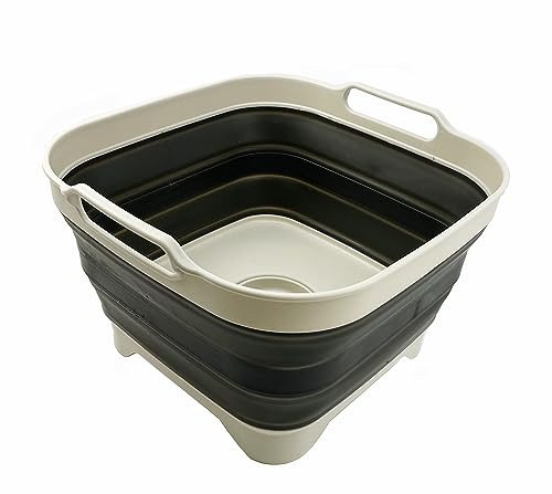SAMMART 10L Collapsible Dishpan with Draining Plug - Foldable Washing Basin - Portable Dish Washing Tub - Space Saving Kitchen Storage Tray (Grey/Washed Black)
