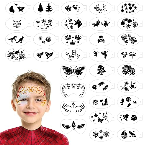 SRIZIAN 34 Stück Gesichtsmalerei Schablonen, Wiederverwendbare Gesichtsfarbe Schablonen, Tattoo-Schablonen für Gesicht und Körper, Kinder Party Urlaub Halloween Make-up