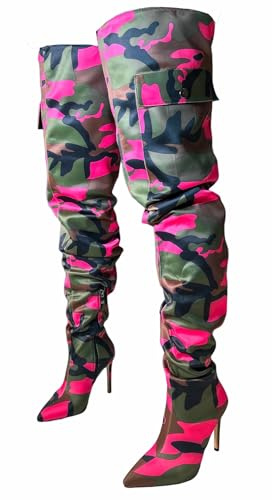 MissHeel Stiletto Thigh High Boots for Thick Thigh Over Size US Tall Tall Boots Sexy High Heel Over-Knee Pink Camo Boots Size US 13