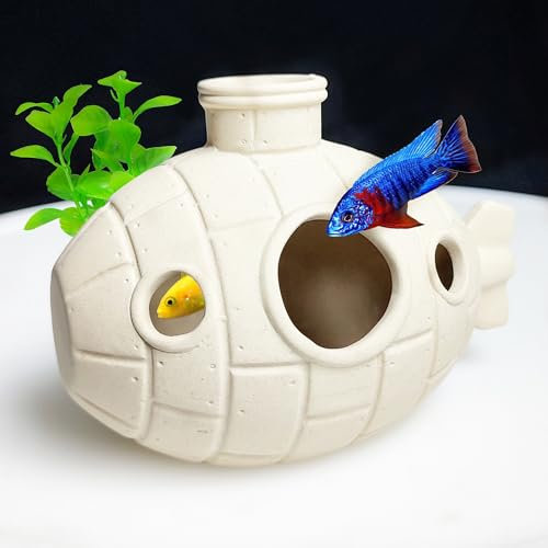 SpringSmart Aquarium Decor Rock Cave with Artificial Plant for Fish Shrimp Turtle Crab, U-Boat Shaped Betta Fish Tank Hideout Stone, Fast Landscape Ceramic Ornament for Small Fish Tank