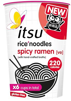 itsu Spicy Ramen Rice Noodles | Instant Noodle Cups | Authentic Japanese Flavour | Vegan & Gluten-Free | Low-Calorie | Quick-to-Make Snack | Pack of 6
