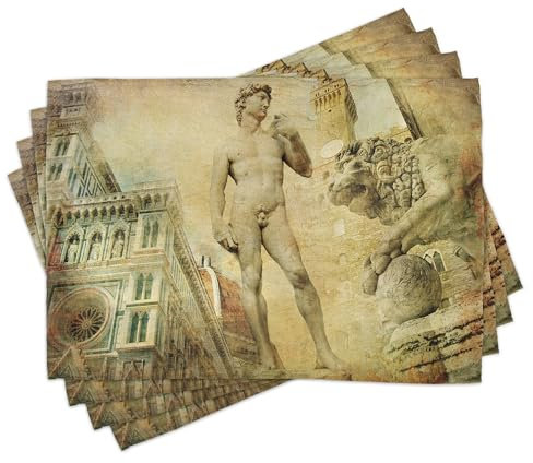 ABAKUHAUS Italien Platzmatten 8 Stück, Alte Florenz Art Collage Michelangelo David Renaissance, Waschbare Stoff Esszimmer Küche Tischdekorations Digitaldruck, Grün Teal