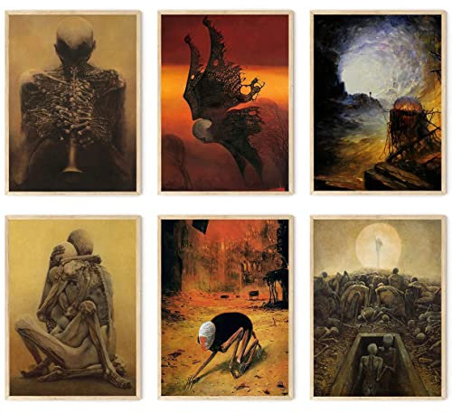 RIUFIN Zdzisław Beksiński Wandkunst, Set mit 6 Künstlerdrucken, Wanddekoration, Vintage-Poster, ästhetisches dekoratives Gemälde für Wohnzimmer, Schlafzimmer, Wand, rustikales dekoratives Gemälde