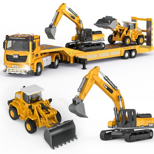 Pupu Pig Kids Toys for 3 4 5 6 7 Years Old Boys, Die-cast Construction Toys Set w/Semi Truck, Excavator, Bulldozer, Alloy Engineering Construction Vehicles Truck Toys w/Lights & Sounds, Model Cars