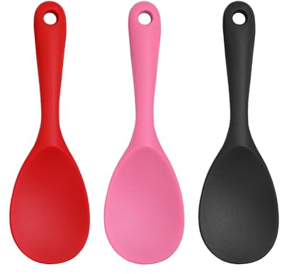 3 cuillères de cuisine en silicone - cuillère à riz et portée avec tête ronde et manche longue - ustensiles de cuisine (rose, noir)