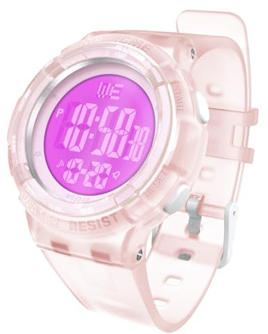 Bigmeda Montres Enfants Fille 50ATM Numérique Garçons Sport Enfants Montres Fille avec Bracelet en Silicone (Transparent Rose)