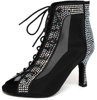 SWDZM Botas Baile Latino Mujer Pedrería Tacón Alto Cordón | satén ligero transpirable,suela ante antideslizante,tacón 8,5cm, doble cierre,pedrería brillante para espectáculos