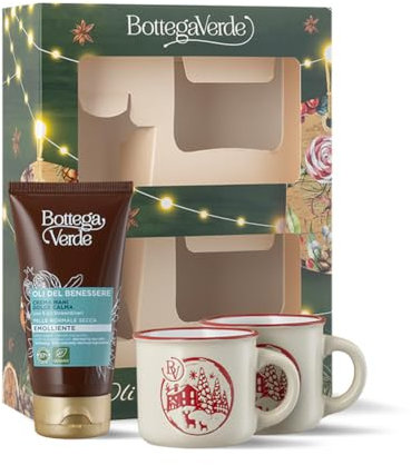 Bottega Verde - Oli del Benessere, Confezione Regalo con Crema Mani Emolliente Dolce Calma da 75 ml, con Burro di Karitè e Set di 2 Tazzine da Caffè, in un Elegante Cofanetto, Idea Regalo