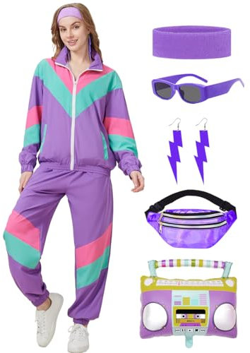 Coseaon 80er 90er Jahre Outfit Damen Trainingsanzug Jacke Hose Anzug 80er Retro Kleidung Accessoire 80s Kostüm Halloween Karneval Party (Lila, XL)