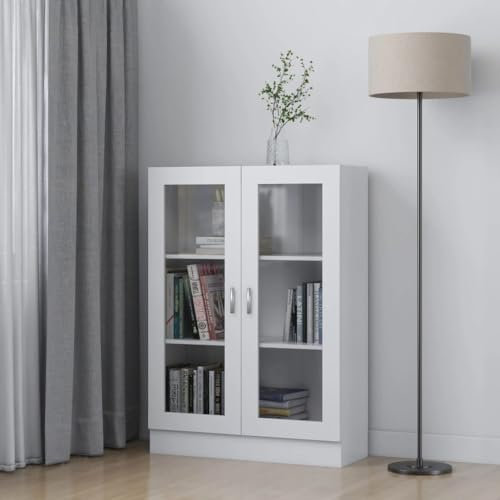 Myheimly Vitrinenschrank mit viel Stauraum, Beistellschrank für Schlafzimmer Wohnzimmer Büro, Büroschrank Schrank, Eichen-Optik Holzwerkstoff Weiß 82,5x30,5x115 cm Holzwerkstoff