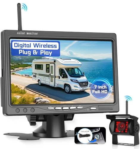 Hodozzy Wireless Reversing Camera Kit - 7 Inch 1080P IPS Monitor + 1 Backup Camera, BSD, 18 IR Night Vision IP68 Waterproof, DIY Parking Lines & Image Flip, 12-36V for Van/RV/Truck/Pickup