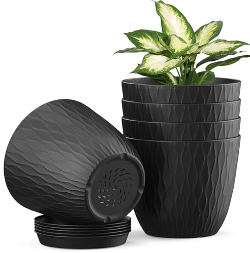 Plastic Plant Pots Indoor, 5 Pack 15cm Stripe Grooves Flower Pots with Drainage Holes and Tray, Modern Decorative Planter Pot for All House Plants(Black)