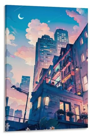 LMYmoney Früher Abend in Lofi City, Leinwandbilder, Drucke für besondere Anlässe, 50 x 75 cm, Bilder für das Wohnzimmer