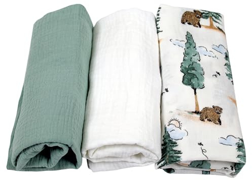 BabyLux Musselin Spannbettlaken Set – 3er Pack (40x80 cm) für Kinderwagen, Stubenwagen, Babybett & Wiege Matratzenbezug (z12 Grün-Weiß-Wald)