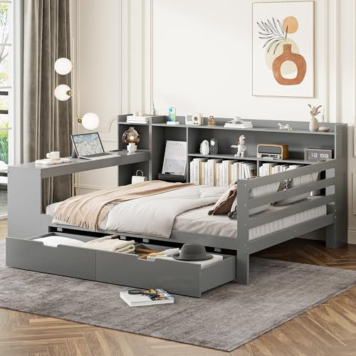 Gegtuon Schlafsofa Doppelbett 140x200, USB-Sofabett Bett mit Stauraum Schubladen & Regal, Stauraumbett Holzbett Tagesbett Jugendbett Bettgestell mit Tisch und Lattenrost aus Holz, ohne Matratze, Grau