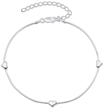 Amberta Italian Sterling Silver Anklet for Women 925 | Adjustable Ankle Bracelets for Women Beaded Heart Summer Jewellery: Heart Snake