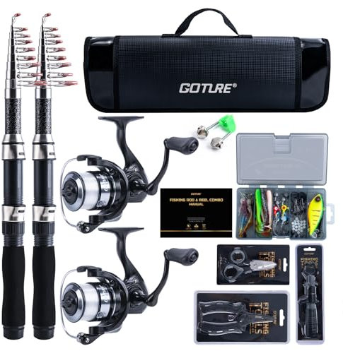 Goture Angelset mit 2 Teleskop-Angelruten, 2,5m Angelrute Set Komplett 2 5.2:1 Spinnrolle, Schnur, Köderbox & Tragetasche – für Salz-/Süßwasser, Reisen–Angelgeschenk