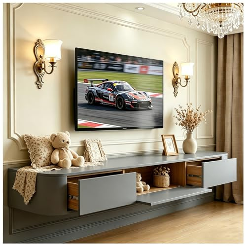 JUNFUNNLE TV-Schrank mit Schubladen & Klappe, Wandmontierbares Lowboard, Medienkonsole mit Kabelkanälen, Komplett Montiert (Grau, 180x24x20cm)