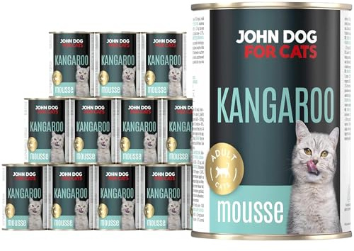 John Dog for Cats Nassfutter für ausgewachsene Katzen mit Känguru - Monoprotein Katzennassfutter - hoher Fleischanteil, getreidefrei, 100% natürlich - 400g (12er Pack)