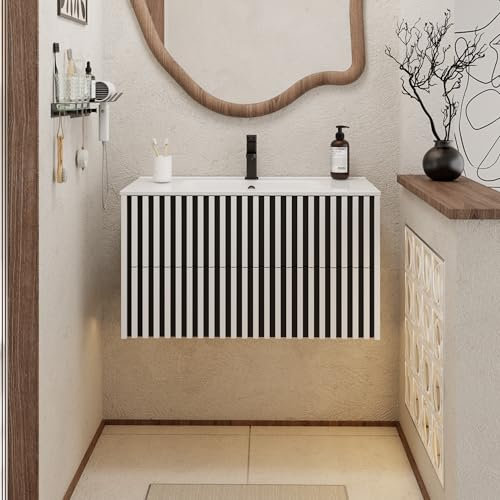 UEV 90CM Mueble de Baño Suspendido con Lavabo de Cerámica, Mueble Lavabo Incluido con 2 Cajones para Almacenaje, Moderno y Práctico, Blanco