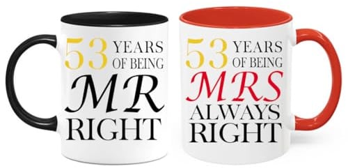 PEJAFAN 53rd Wedding Anniversary for Couples, 53 Year Anniversary Coffee Mugs Set of 2 - Mr Right & Mrs Always Right Ceramic Mug Gift Set 11oz (53rd)