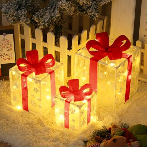 OVOISSTIY 3 Stück LED Geschenkboxen, 8 Leuchtmodus Weihnachtenbox Beleuchtet Deko, Weihnachten Boxen Lichter mit Timer für Weihnachtsdeko Outdoor, Weihnachtsbaum LED Geschenkbox (Schneeflocken)