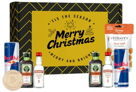 Jägermeister Merry Christmas Set | Mini Spirits & Energy Drinks with Snacks, Miniature Alcohol Bottles, Gift Set, Gifts for Him, Her