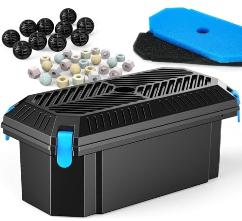 POPOSOAP Outdoor Pond Filter Box for 350-2000 L Small Ponds (No Pump) | Pump Protection & Water Purification Kit with 2 Filter Pads & 20 Bio-Balls for Fountain Water Gardens