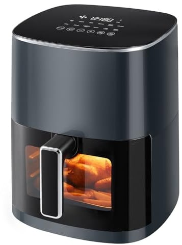 Sweetcrispy Heißluftfritteuse Airfryer 6L mit Sichtfenster, 12-in-1 Funktionen & Touchscreen Air Fryer, Gesundes Fettfrei Kochen, Antihaftkorb, Spülmaschinenfeste Körbe, Für 3-6 Personen, Grau