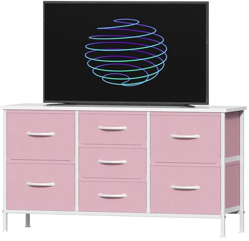Feonase Bedroom Chest of Drawers, Small Dresser with 7 Fabric Drawers, Metal Frame & MDF Wood Top, Adjustable Feet, Storage Organizer Unit for Bedroom, Closet, Living Room, Hallway, Pink