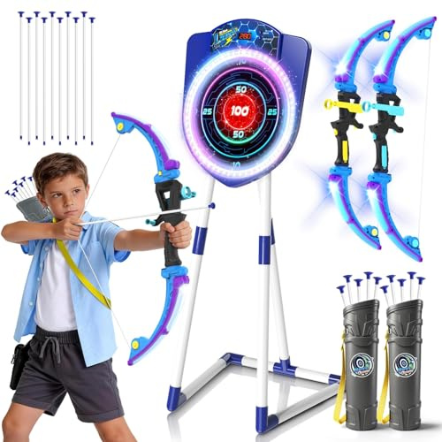VATOS 2 Arcs et Flèches LED pour Enfants avec Comptage Automatique, Set de Tir à l’Arc Lumineux avec 10 Flèches, Cible LED, Jouet d’Intérieur et d’Extérieur pour Garçons et Filles de 5 à 12 Ans