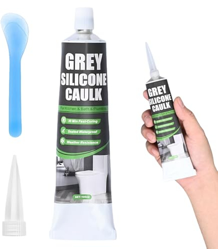 1 Stück Silikon Grau Sanitär, Sanitärsilikon Grau, Silikon Zum Abdichten, Wasserdicht und Auslaufsicher, für Badezimmer und Küchen, Inklusive Schaber und Düse (100 ML)