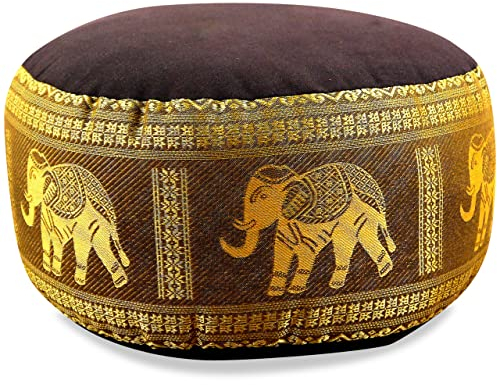 Livasia Meditationskissen Thaiseide - Ø 32x20cm - Yogakissen klein mit Kapok, Pouf, Bodenkissen Yoga Zen Meditation, Sitzkissen Garten Balkon, Zafukissen handgefertigt (Braun/Gold/Elefanten Seide)