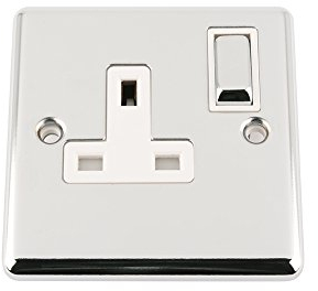 A5 Single Socket 1 Gang Polished Chrome - Classic - White Insert Metal Rocker Switch - 13 Amp