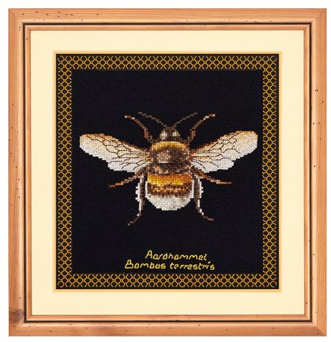 Thea Gouverneur - Counted Cross Stitch Kit - Bumble Bee - Aida Black - 16 Count - Embroidery Kit for Adults - DMC Embroidery Threads and Other Cross Stitch Supplies Included - 3018.05
