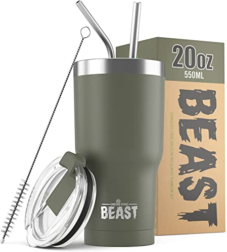 BEAST Mug Isotherme Cafe - 550ml I Vert armée I Acier Inoxydable I Réutilisable, Tasses Isothermes I 2 Pailles et Brosse Nettoyage I Thermos Cafés de Voyage Double Paroi I Café Chaud ou Glacé