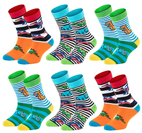 TippTexx 24 Kinder Socken, handgekettelt, 6 Paar für Mädchen/Jungen, weiche Baumwolle, viele Muster (Dinos, 5-6 Jahre)