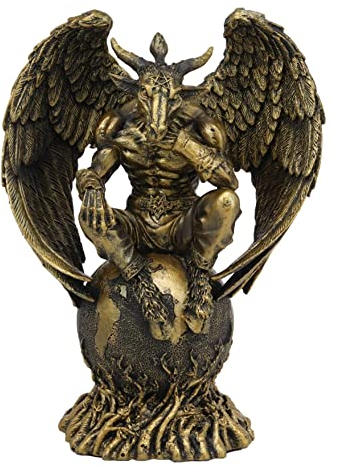 Ebros Gift Sabbatic Ziege Der Denker Baphomet sitzend auf dem Globus Statue 19,7 cm hoch Baphometh mit Pentagramm Stern Idol Altar Figur Golden Calf Goat of Mendes Deko-Skulptur
