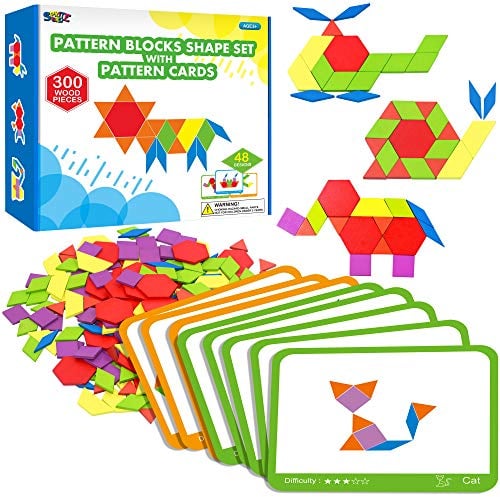300 PCS Wooden Pattern Blocks Set Age 3+ for kids with 24 Double-sided Design Cards(48 patterns) and Storage Bag in Gift Box,Fun Montessori Learning Toys