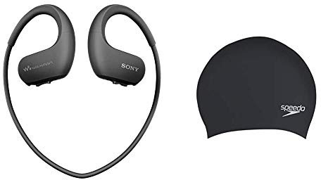 Sony NW-WS413 Sport-Walkman 4GB (kabellos, Wasserdicht, Staubdicht) schwarz & Speedo Badekappe für Damen und Herren, Schwarz, Einheitsgröße