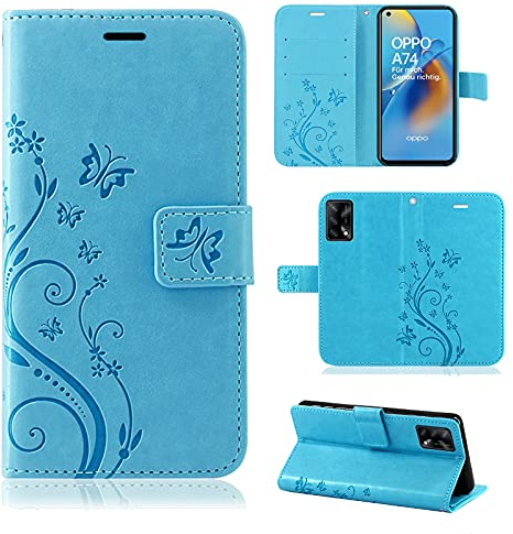 Hülle Kompatibel mit Oppo A74 / A74 4G | Premium PU Leder Handyhülle Wallet Case für A74 / A74 4G | Schutzhülle Blumen Klapphülle Handyhülle | Blau
