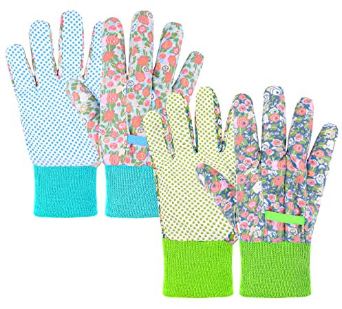 Ainiv Handschuhe für Garten, 2er Set Gartenhandschuhe, Antirutschbeschichtung Arbeitshandschuhe, Einheitsgröße Arbeitshandschuhe mit PVC-Punkten und reißfester Canvas-Stulpe Zum pflanz & Gartenarbeit