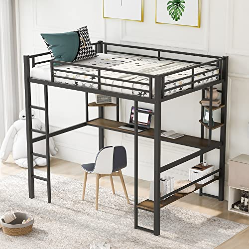 Longrune Metal Full Size Loft Bed with Long Desk and Shelves, Heavy Duty Steel Bedframe, for Kids Adults, Black