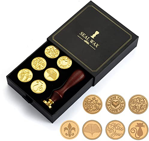 JasCherry Wachs Siegel Stempel Set, 7 Stück Siegel Stempelkopf Kupfer mit 1 Holzgriff, Retro Siegelwachs Stempel Geschenkbox für Briefe, Antikes Manuskript, Grußkarten, Hochzeit Einladung