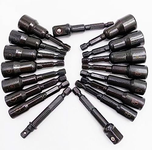 LONKER 18PC Magnetic Nut Driver Set - 1/4” Hex Head Impact Driver Bit Set |SAE and Metric Screwdriver, Nut Setter Drill Bit Tools ,W/ Impact Socket Adapters